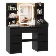 Devoko Modern Dressing Table With LED Mirror, 3 Light Colors And Dimmable Brightness, Vanity Table With 7 Drawers, Open Shelves And Optional Stool, Dressing Cabinet For Bedroom, White/Black/Pink/Vintage - Black - View 8