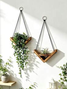 Estanterías colgantes de cuerda, estanterías de plantación de madera rural, estanterías de almacenamiento colgantes, decoraciones de pared creativas de madera - Ver 2