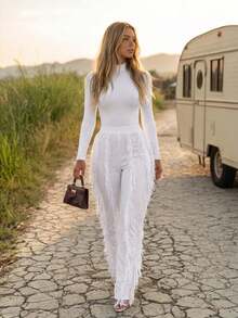 CALEBGAR Women's Sexy Two Piece Outfits Long Sleeve Fringe Pants Set Clubwear Going Out Birthday Party Night Outfits - 白色 - 查看 9