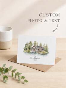 Custom Watercolor House Portrait Greeting Card With Personalized Photo & Text,Delicate Hand-Drawn Style Design,Ideal Keepsake For New House Moving Celebration,Family Residence Commemoration, Housewarming Gift And Permanent Memory Of Your Beloved Home - Multicolor - View 1