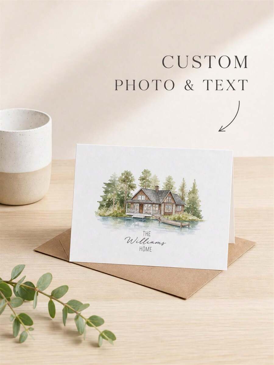 Custom Watercolor House Portrait Greeting Card With Personalized Photo & Text,Delicate Hand-Drawn Style Design,Ideal Keepsake For New House Moving Celebration,Family Residence Commemoration, Housewarming Gift And Permanent Memory Of Your Beloved Home - Multicolor - View 1