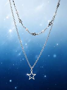 1/3pcs Silver Metal Handmade Chain Star Moon Pendant Multi-Layer Necklace - Silver - View 12