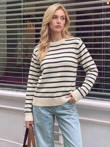 Nicenter Women's Fall Winter Wool Blend Sweater, Y2K Style Apricot & Navy Striped Long Sleeve Crewneck Oversized Knit Pullover Top For Daily Wear - Black and White - View 3