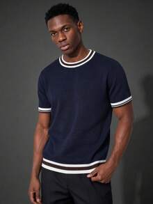 Camvyn Men's Summer Contrast Color Round Neck Slim Fit Short Sleeve Knit T-Shirt, Suitable For Casual Outings And Daily Wear - Navy Blue - View 1
