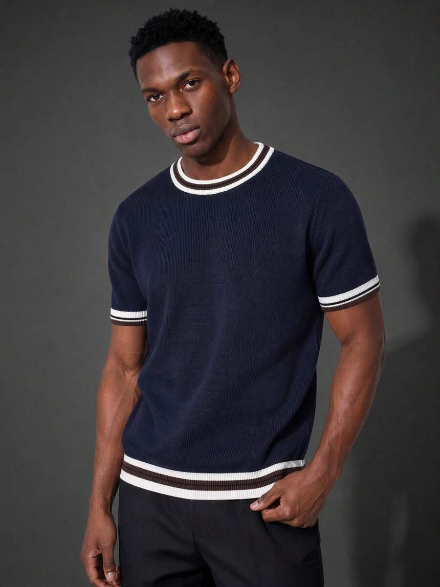 Camvyn Men's Summer Contrast Color Round Neck Slim Fit Short Sleeve Knit T-Shirt, Suitable For Casual Outings And Daily Wear - Navy Blue - View 1