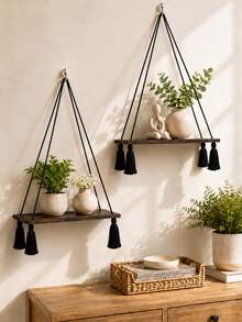 1pc Floating Wall Shelf Bohemian Style Woven Wooden Bedroom Wall Storage Rack Home Decor Room Decoration Storage Shelf Bathroom Storage Rack Bedside Bookshelf Key Holder Wall Decor Shelf Plant Stand Flower Rack Suitable For Living Room Balcony Entryway And Corner - Single Layer - View 5