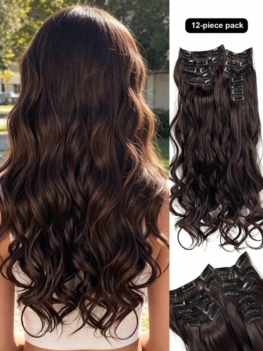 22 piezas de extensiones de cabello con clip, 12 piezas de mechas de cabello sintético ondulado, de 22 pulgadas de largo, color marrón, fibra resistente al calor, adecuado para que las mujeres lo usen en fiestas y uso diario
