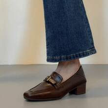 Leder-Loafer für Damen mit Karree-Spitze – Neuer Pendler-Look für Frühling/Herbst mit Blockabsatz; vielseitige Lederschuhe im britischen Stil mit französischem Flair - Braun - Übersicht 3