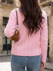 Women's Solid Color Ribbed Cable Knit Sweater For Daily Wear In Spring And Autumn - Pink - View 8