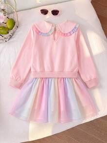 Girls' Fashionable Pony Print Turn-Down Collar Multicolor Mesh Dress - Pink - View 2