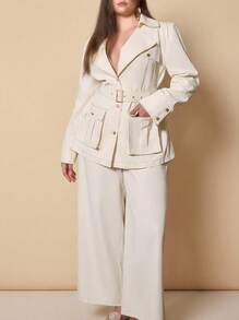 Voworia New Solid Color Long Sleeve Belted Top Jacket And Wide Leg Pants 2-Piece Set, Office Wear, Plus Size Elegant Casual - Gray Apricot - View 1
