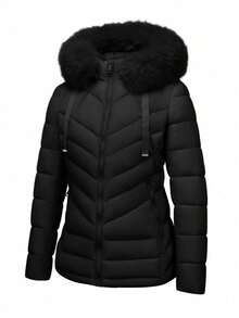 Chaqueta de plumas con capucha casual para mujer, con bolsillos, ligera y cálida, adecuada para uso diario - Negro - Ver 9