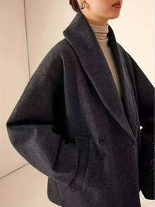 Women's Plus Size Shawl Collar Batwing Sleeve Jacket With Pockets, Warm Lining, Winter Fashion Choice - Dark Grey - View 7