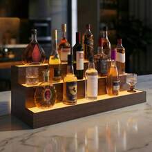 LED Lighted Liquor Bottle Display Shelf, 24/37 Inch Bar Display Shelf, 3 Step Freestanding Holding Bottles For Home Bar, Party, Walnut - Walnut - View 6