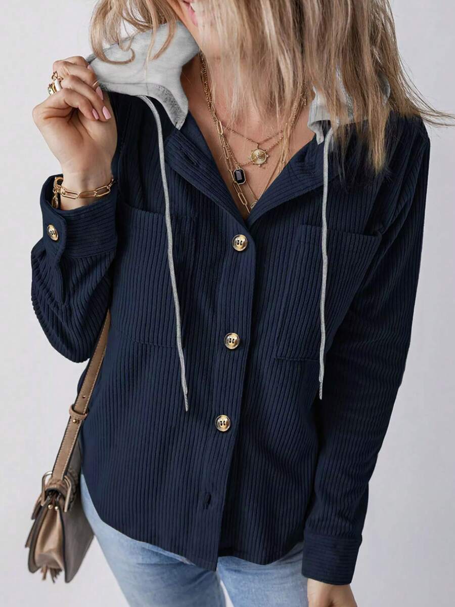 Áo sơ mi nhung kẻ dài tay có mũ trùm đầu và túi cho nữ, chất liệu polyester, phù hợp mặc mùa thu/đông - Màu xanh hải quân - Xem 1
