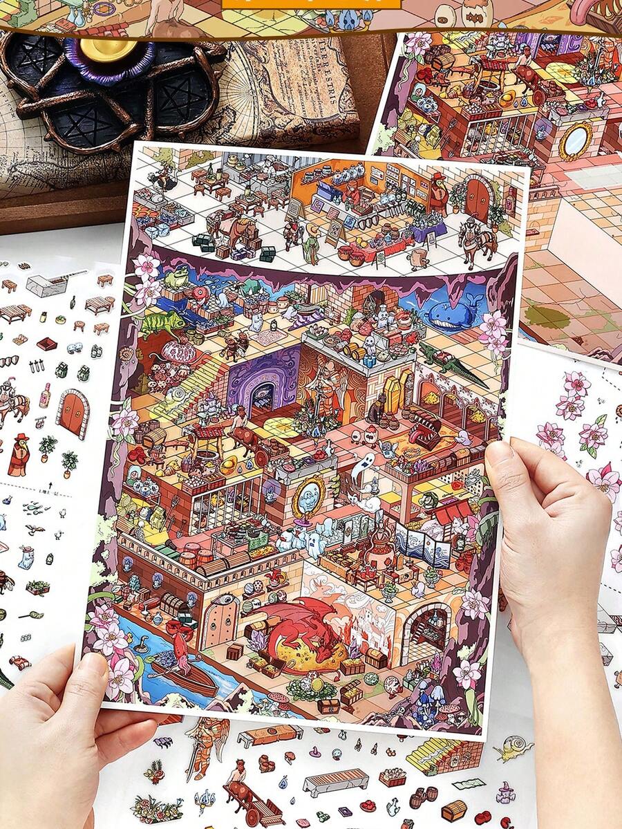 每包4張;超大裝飾貼紙、創意規劃貼紙、超大風景貼紙、創意手帳貼紙、成人拼圖、益智玩具 - 彩色 - 查看 1