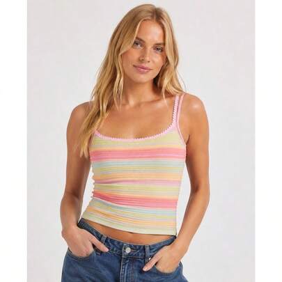 Women's Pastel Rainbow Striped Ribbed Cami Top, Contrast Lace-Trim Square Neck Fitted Tank Top, Y2K Summer Casual Streetwear