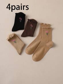 4/8 Pairs Sweet Style Tulip Floral Frill Trim Women's Mid-Calf Socks - Multicolor - View 16