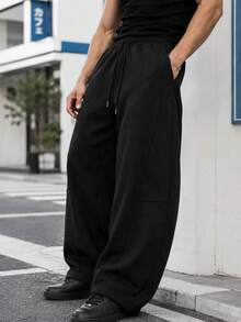 Men's Loose Fit Drawstring Waist Bucket Style Casual Sports Pants, Autumn - Black - View 6