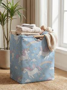 1個收納籃 洗衣籃 洗衣桶 動物印花設計 可折疊多功能籃附木製提把 適合日常衣物收納與整理 - 彩色 - 查看 6