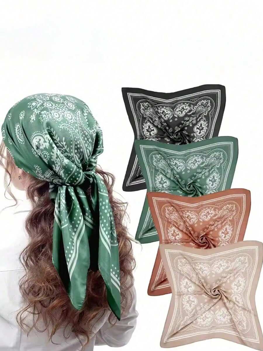 4pcs Retro Bohemian Paisley Printed 70*70cm Square Scarf Women's Fashion Versatile Headscarf Headband Neckerchief Hijab Casual Decorative Shawl - Multicolor - View 1
