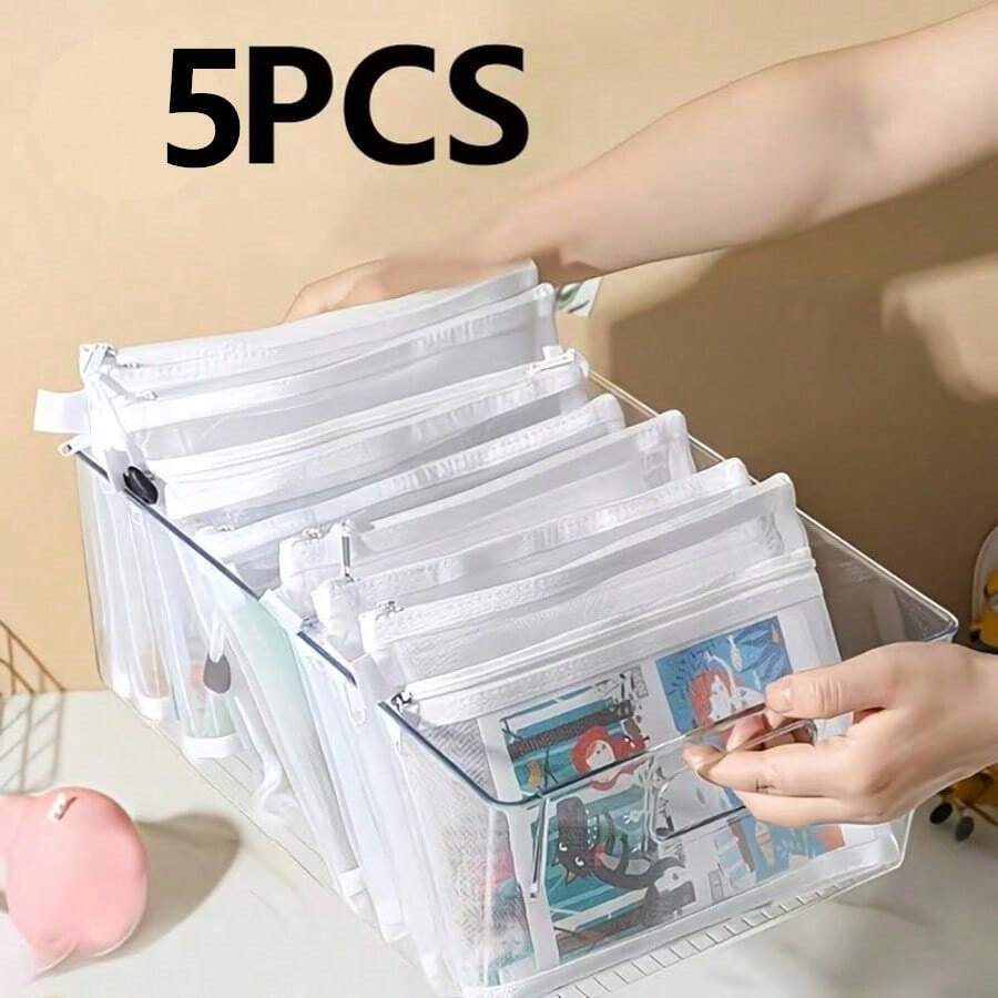 5件組大容量學校用品收納袋套組－尼龍拉鍊網袋，學習文件與文具收納袋，多功能居家收納袋，便攜收納袋