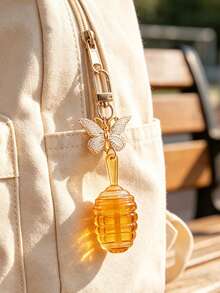 Cute Honey Lip Oil Bottle Keychain With Butterfly Pendant, Lip Gloss Bottle Bag Charm, Travel Refillable Bottle, Lipstick Tube, Empty Lip Gloss Container - Multicolor - View 10
