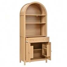 Tall Pantry Cabinet With Arched Doors, Sideboard, High Cabinet, Double Doors With Spice Racks On Both Interior Sides, Chipboard+MDF For Kitchen And Living Room - 自然色 - 查看 6