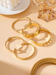5pcs Luxurious Elegant High-End Exquisite Sparkling Gold Wide Clover/Heart Shaped Women's Bracelet Set - Yellow Gold - View 2