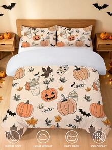 Juego de 3 piezas de funda nórdica de Halloween Blissful, tema de Halloween, juego de ropa de cama cómodo, impresión digital de alta definición, patrón de hoja de arce, postre y calabaza, 1 pieza de funda nórdica con cuatro esquinas y cremallera desmontable + 2 piezas de fundas de almohada con bolsillos, sin relleno, adecuado para dormitorio, residencia estudiantil (ropa de cama para dormitorios de niños y niñas) o viajes - Multicolor - Ver 11