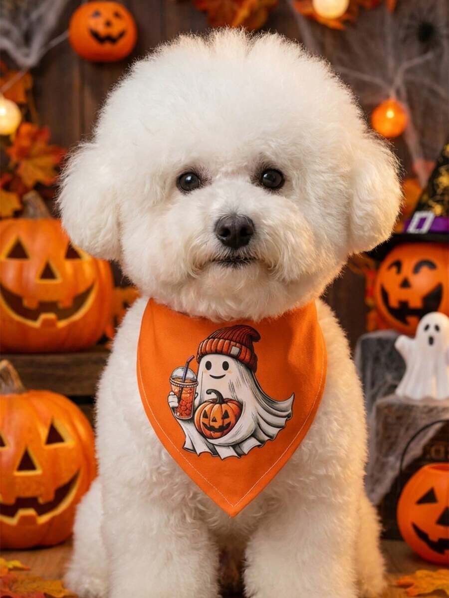 Polyester Material Comfortable Soft Cartoon Print Pet Scarf, Suitable For Cats And Dogs For Indoor Or Outdoor Use - Orange - View 1