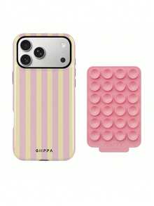 1組粉色與淺黃色條紋圖案手機殼及粉色吸盤，Phone 17 Pro Max手機殼，相容於Phone 16 Pro Max、15 Pro Max、14 Pro Max，韓式高端時尚趣味手機殼，相容於11/12/13/14/15/16 Pro Max Plus，優雅設計適合男女使用，復活節、婚禮季與生日送給女友的完美禮物！ - 淺粉色 - 查看 3
