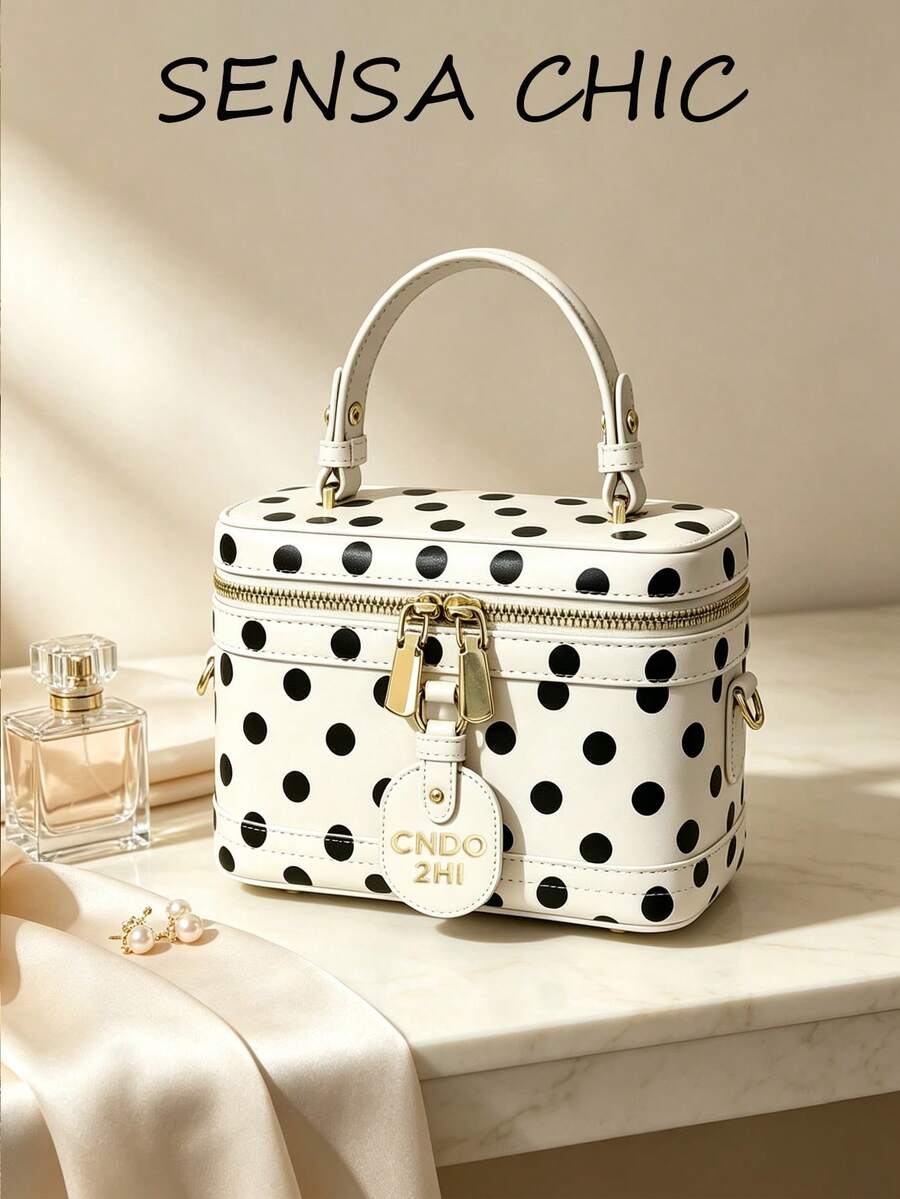 Cute Polka Dot Square Handbag, Smooth PU Material, Small Handle, Double Zipper Closure, Decorative Letter Pendant, Adjustable Shoulder Strap, Suitable For Shopping And Dating