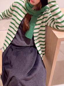 Women's Autumn Casual Minimalist Versatile Striped Cardigan Knit Sweater Jacket Fall - Green - View 1