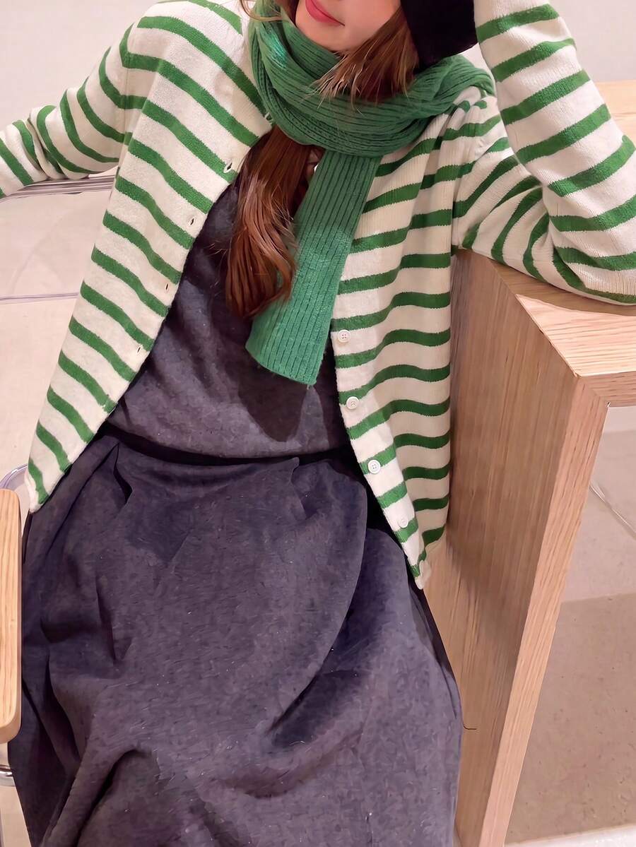 Women's Autumn Casual Minimalist Versatile Striped Cardigan Knit Sweater Jacket Fall - Green - View 1