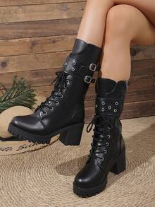 Women's Height-Increasing Wear-Resistant Rivet Double-Row Button Side Zipper Round Toe Mid-Calf Chunky Heel Thick Sole Boots Cool Style Autumn/Winter Daily Black Microfiber Plus Size - Black - View 3