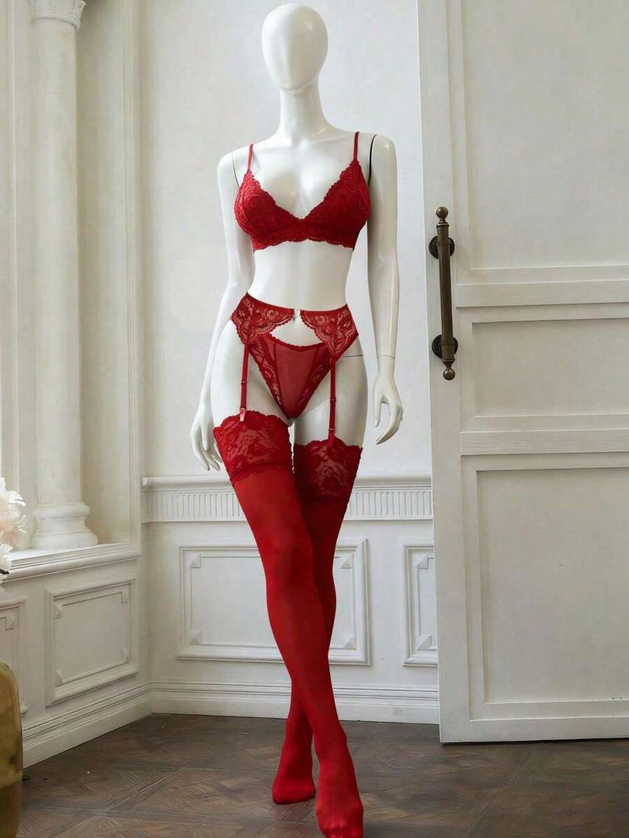 4件組女款性感網紗內衣套裝 外出穿著 花卉蕾絲吊襪帶內衣套裝含絲襪 - 紅色 - 查看 1