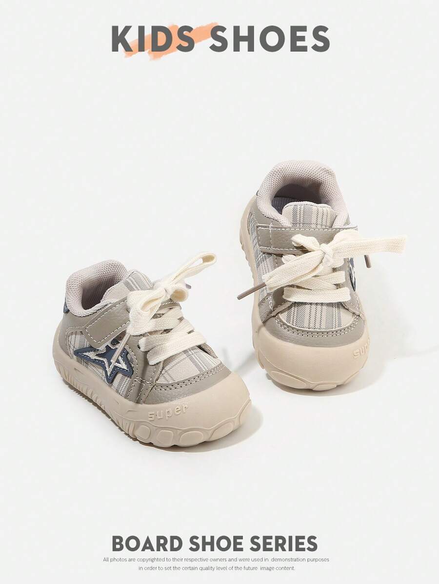1 Pair Infant Toddler Plaid Star Hook & Loop Low-Top Flat Retro Sneakers For Daily Wear And Outings [Select By Actual Cm Inner Length] - Khaki - View 1