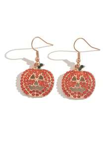 2pcs Halloween Earrings Rhinestone Pumpkin Head Alloy Earrings Jewelry Suitable For Women Daily, Holiday Party Gathering Wear - Yellow Gold - View 2