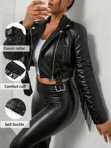 Jaket Kulit Imitasi Pendek Berumbai Gaya Retro Giolshon untuk Wanita dengan Sabuk, Cocok untuk Musim Semi, Gugur, dan Musim Dingin. - Hitam - View 2