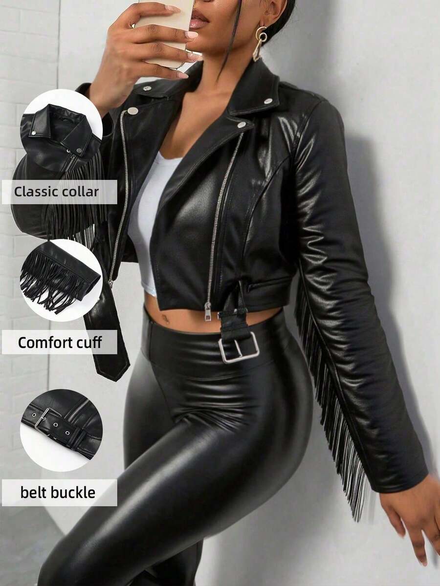 Jaket Kulit Imitasi Pendek Berumbai Gaya Retro Giolshon untuk Wanita dengan Sabuk, Cocok untuk Musim Semi, Gugur, dan Musim Dingin.