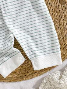 Spring/Autumn New Green & White Striped Baby Jumpsuit, Cute Peter Pan Collar Design With Fresh Color Palette, Front Button Closure For Easy Dressing, Soft & Breathable Fabric, Skin-Friendly & Comfortable, Versatile Jumpsuit For Daily Wear, Home & Outings - Mint Green - View 6