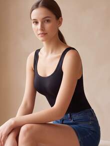 CELILIN Seamless Scoop Neck Tank Top For Women, Soft Ribbed Slim Fit Layering Cami, Comfortable Stretchy Everyday Undershirt - Black - View 5