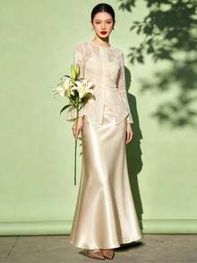 1pc Solid Color Elegant Women's Mermaid Skirt, Champagne Color Skirt - Champagne - View 4