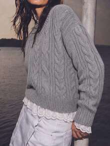Sweater Rajut Kabel Leher V dengan Hiasan Renda - Pullover Longgar yang Nyaman untuk Musim Gugur, Cocok untuk Gaya Kasual Sehari-hari dan Kampus di Musim Gugur - Grey - View 4