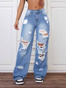 Teen Girls' Fashionable Wide Leg Washed Distressed Denim Jeans - Light Wash - View 1