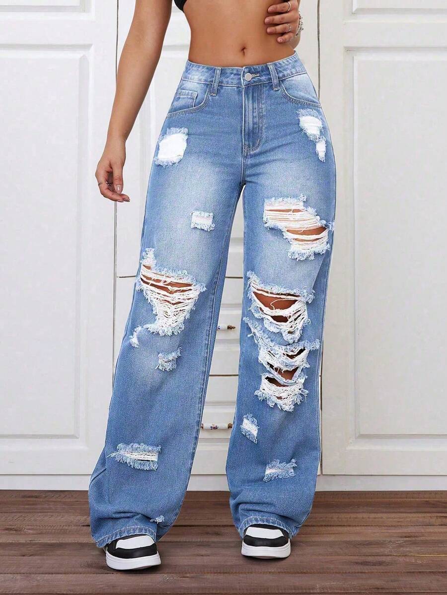Teen Girls' Fashionable Wide Leg Washed Distressed Denim Jeans - Light Wash - View 1