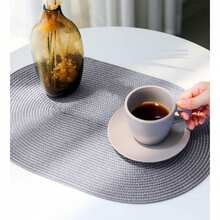 45*30cm Light Gray Oval Plastic Woven Placemat, 4.72 Inch Coaster, Easy To Clean, Non-Slip, Heat Resistant. Decorative Mat, Wrinkle-Resistant, Suitable For Party, Wedding, Housewarming, Christmas, Halloween, Thanksgiving, Mother's Day - Light Grey - View 7