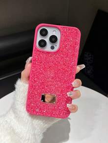 Shockproof Full Rhinestone Glitter 1PC Rose Skin Texture Protective Phone Case Compatible With IPhone 15 Pro Max Waterproof Anti-Fall Scratch Resistant Anniversary Gift - Hot Pink - View 5