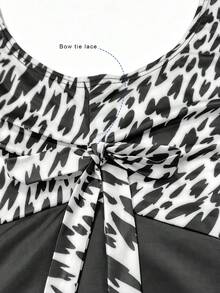 Plus Size Colorblock Leopard Print Round Neck Sleeveless Patchwork Bow Decor Tankini Swimwear, 2Pcs Set Vacation Beach Black Summer - Black - View 7